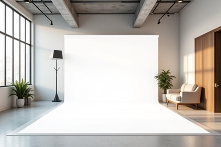 Interior of Sutra Studio, a modern and elegant space with professional lighting equipment and a backdrop setup, symbolizing a creative environment.